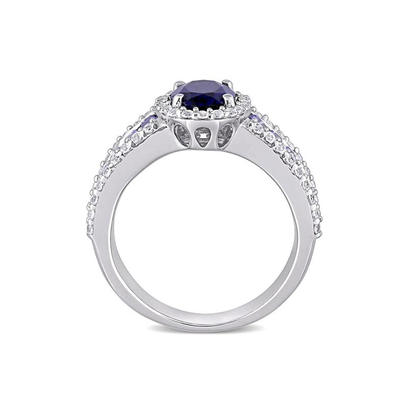 Oval Lab Created Blue &amp; White Sapphire Halo Ring in Sterling Silver – Image 2 of 5