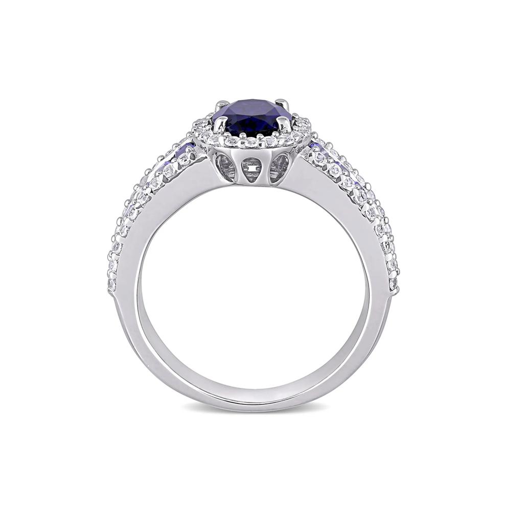 Oval Lab Created Blue &amp; White Sapphire Halo Ring in Sterling Silver – Image 2 of 5