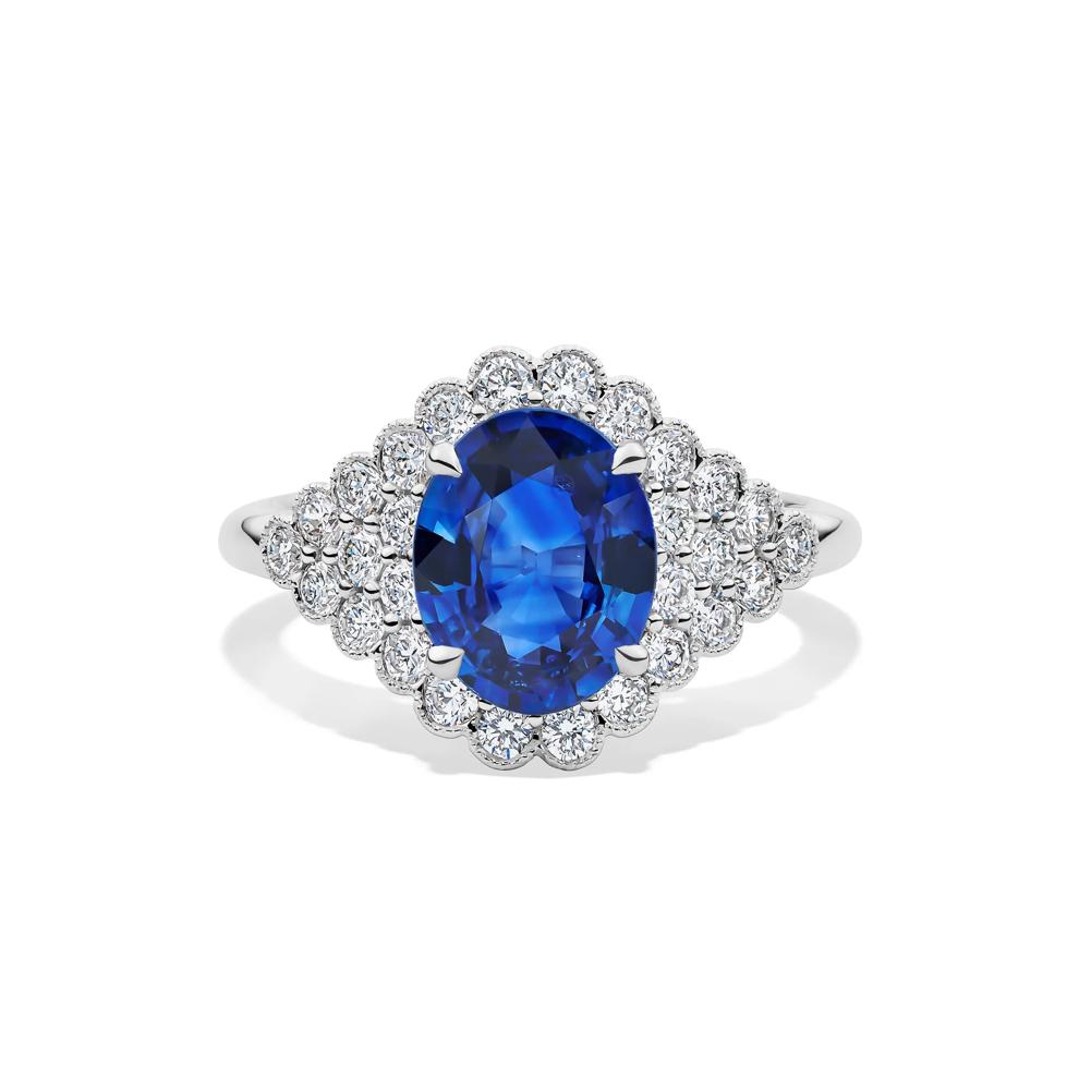 Oval Blue Sapphire &amp; Diamond Halo Band in 18K White Gold (7/8 ct. tw.) – Image 1 of 2