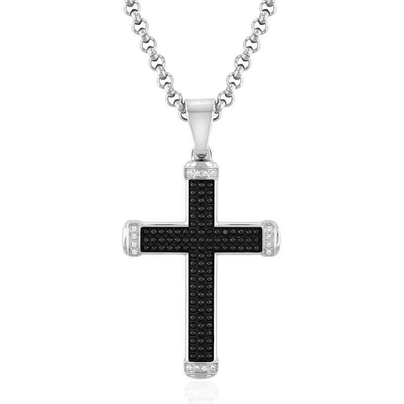 Men&#39;s 5/8 ct. tw. Black &amp; White Diamond Cross Necklace in Stainless Steel – Image 1 of 3