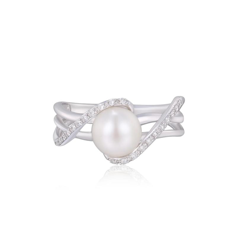 Cultured Freshwater Pearl and Diamond Ring in 10K White Gold – Image 1 of 3