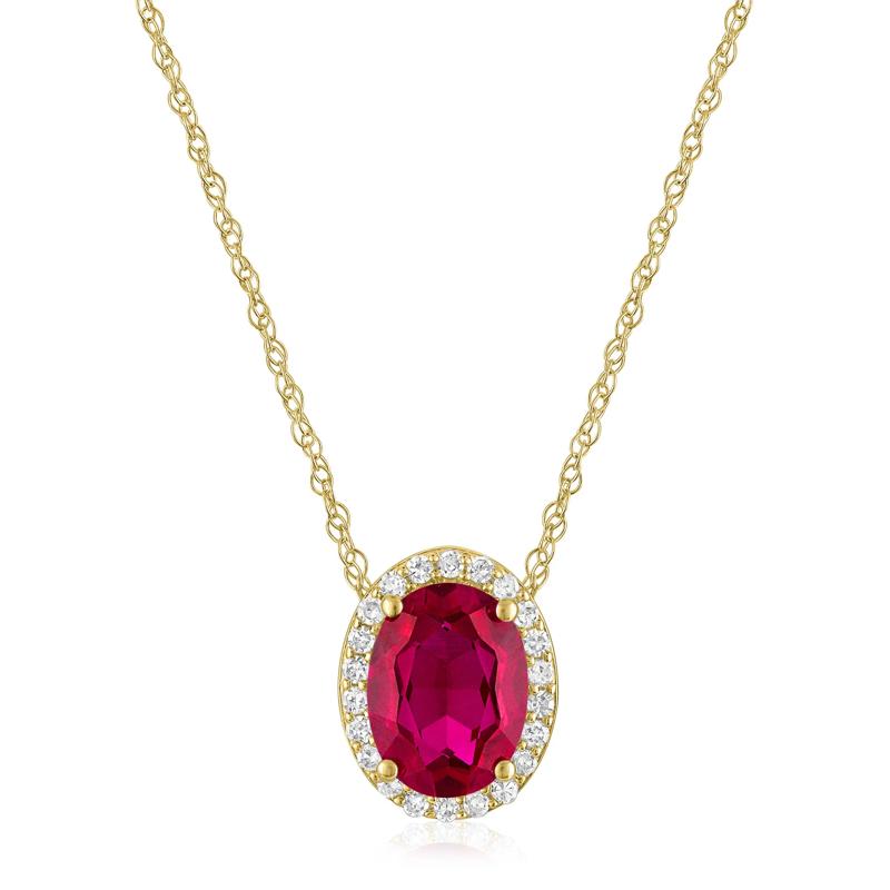 Oval Lab-Created Ruby and Diamond Accent Halo Pendant in 10K Yellow Gold – Image 1 of 3