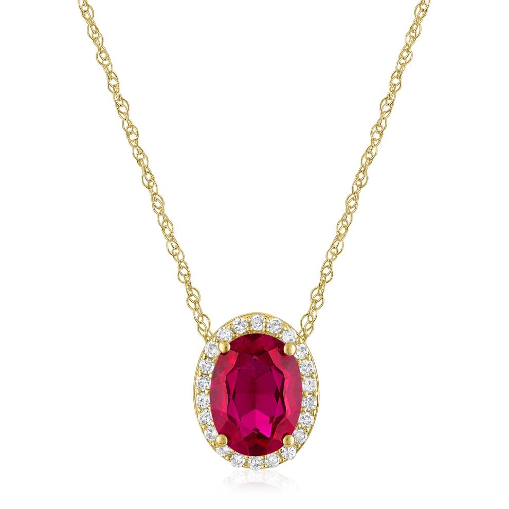Oval Lab-Created Ruby and Diamond Accent Halo Pendant in 10K Yellow Gold – Image 1 of 3