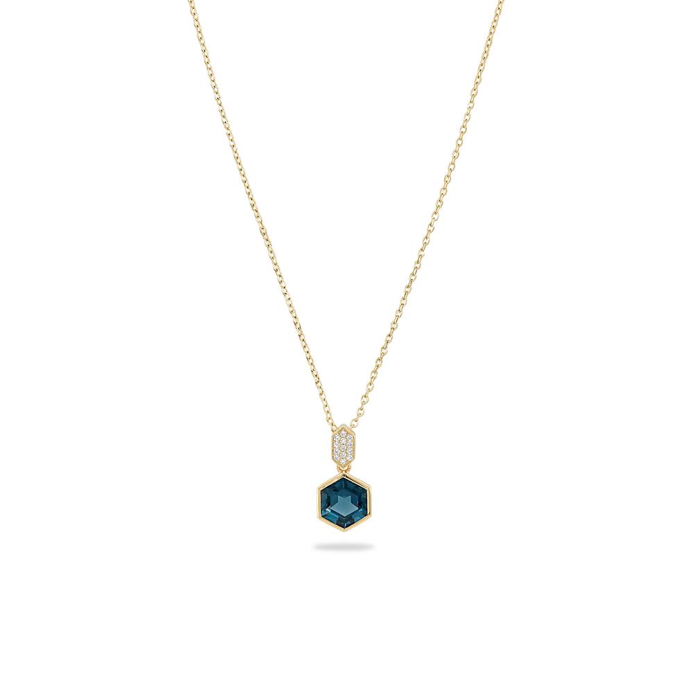 London Blue Topaz &amp; Diamond Accent Hexagon-Shaped Pendant Necklace in 10K Yellow Gold – Image 1 of 4