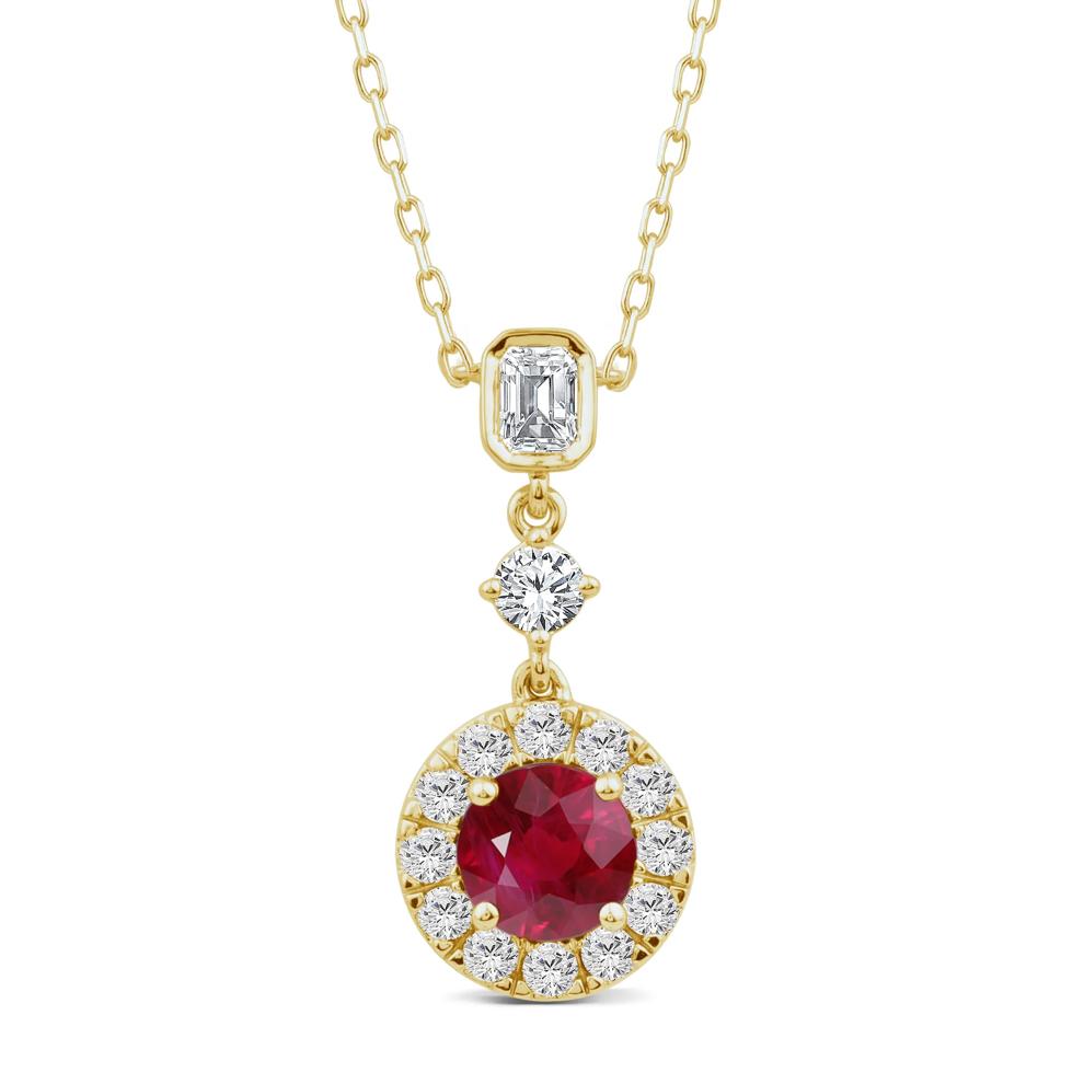 Ruby and Diamond Halo Pendant in 10K Yellow Gold (1 ct. tw.) – Image 1 of 4