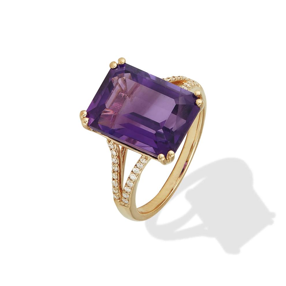 Emerald-Cut Amethyst &amp; Diamond Ring in 10K Yellow Gold (1/8 ct. tw.) – Image 4 of 4