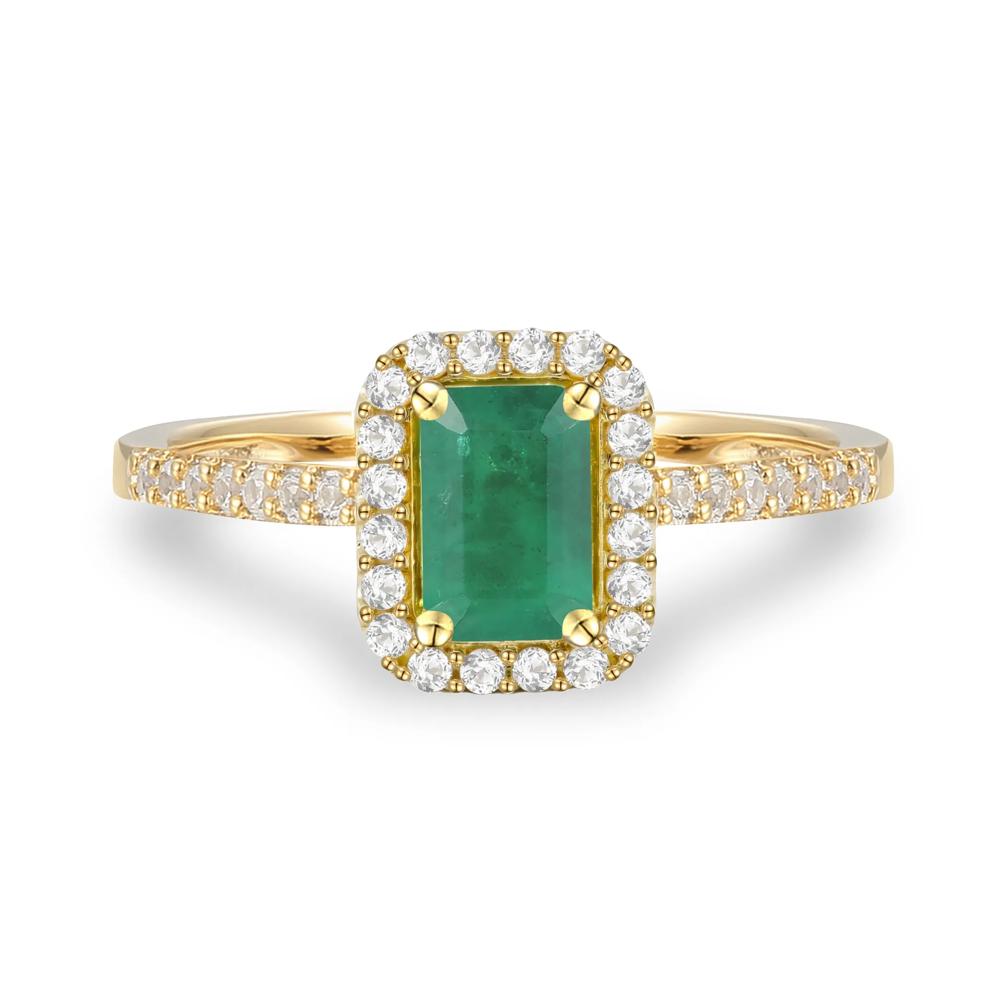 Emerald &amp; Diamond Halo Ring in 10K Yellow Gold (1/5 ct. tw.) – Image 1 of 4