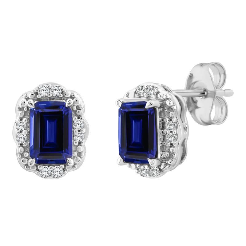 Emerald-Cut Blue Sapphire Halo Stud Earrings in 10K White Gold – Image 1 of 3