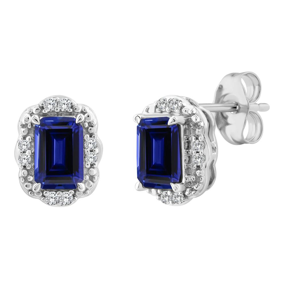 Emerald-Cut Blue Sapphire Halo Stud Earrings in 10K White Gold – Image 1 of 3