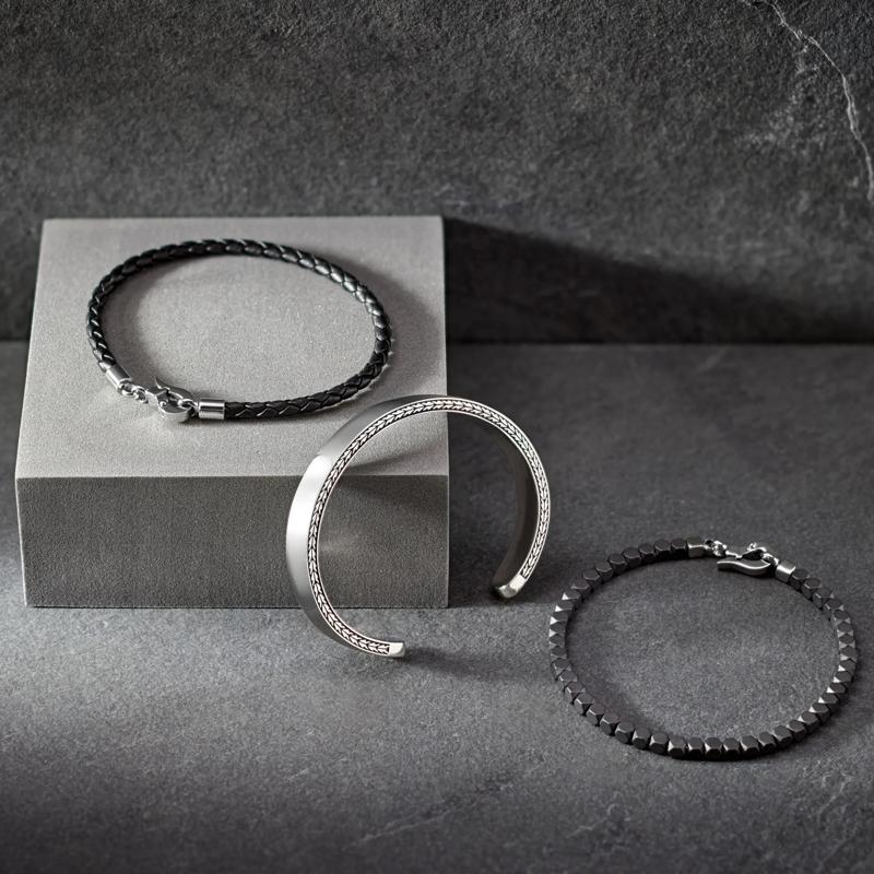 Men&#39;s Black Woven Leather Bracelet with Stainless Steel – Image 6 of 8