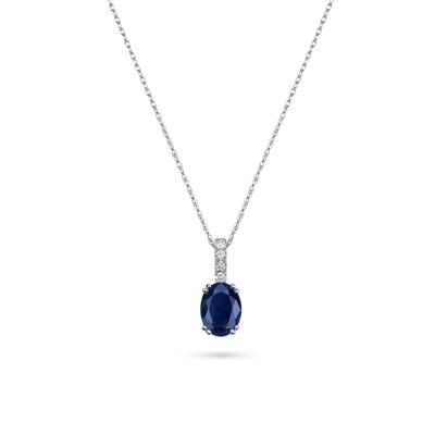Oval Blue Sapphire & Diamond Accent Drop Pendant Necklace in 14K White Gold