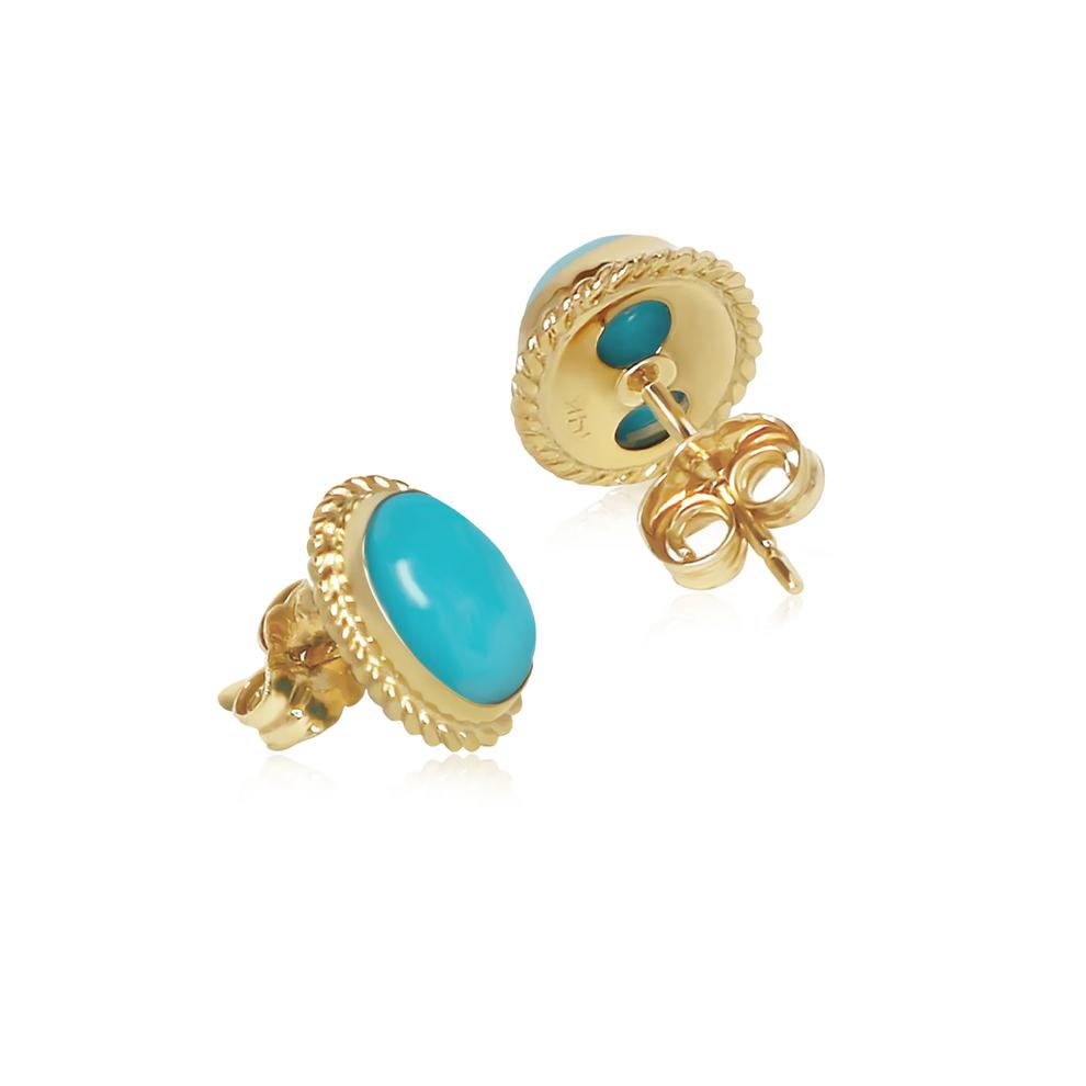 Oval Turquoise Stud Earrings in 14K Yellow Gold – Image 2 of 2