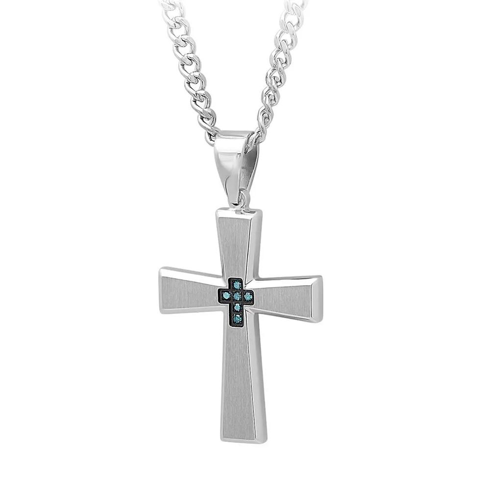 Men's Blue Diamond Cross Pendant in Stainless Steel – Image 2 of 2