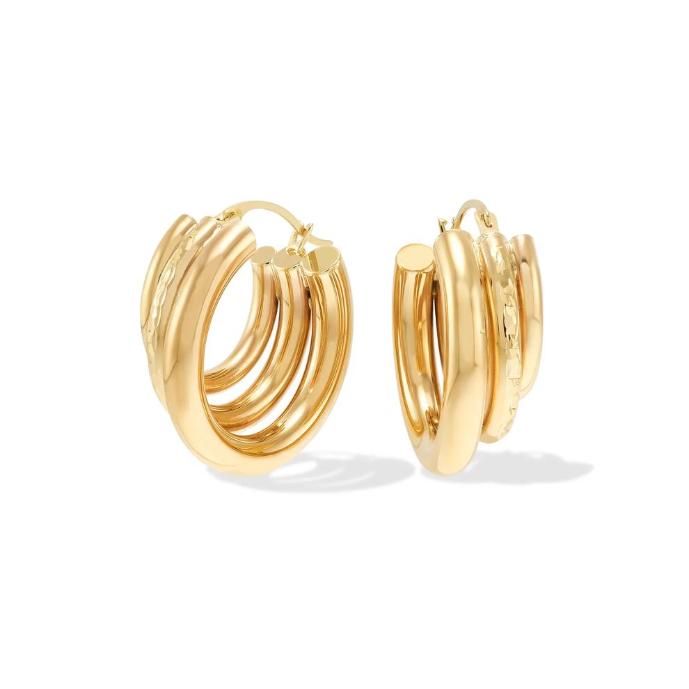 Triple Row Diamond-Cut Hoop Earrings in 10K Yellow Gold, 20x20mm – Image 1 of 2