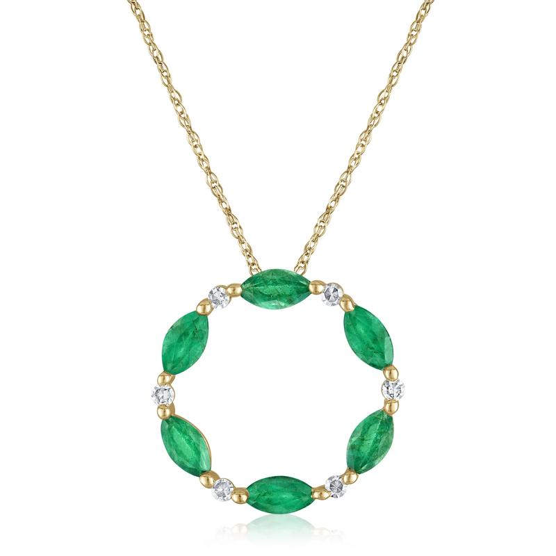 Emerald and Diamond Open Circle Pendant in 10K Yellow Gold &#40;1/10 ct. tw.&#41; – Image 1 of 3