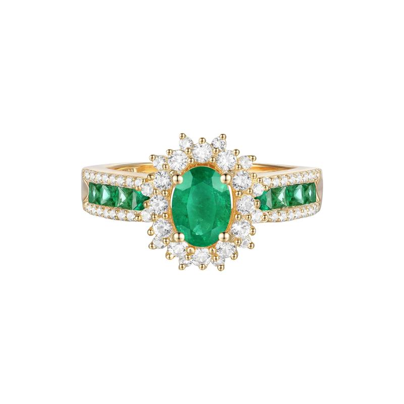 Emerald and Diamond Halo Ring in 14K Yellow Gold &#40;1/2 ct. tw.&#41; – Image 1 of 3
