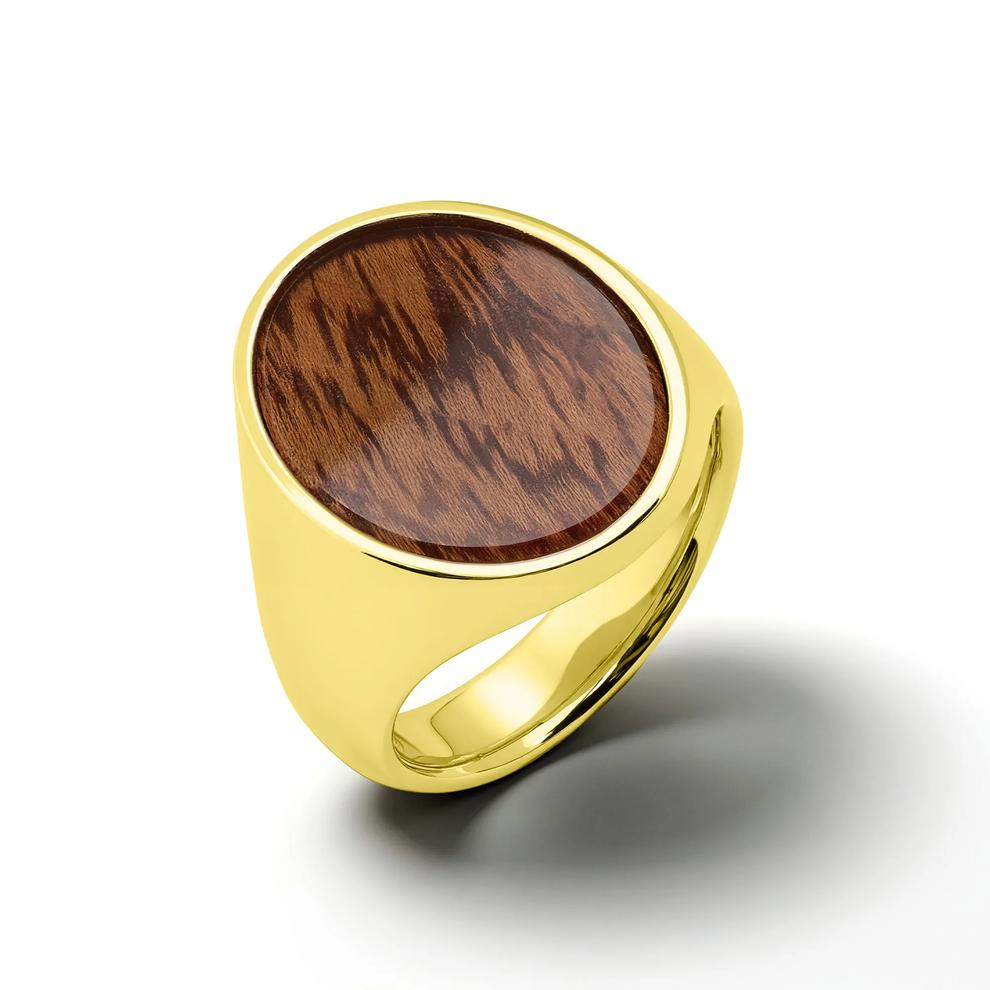 Men's Desert Iron Wood Inlay Signet Ring in 10K Yellow Gold – Image 4 of 4