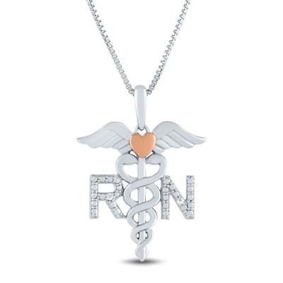 Diamond Accent Nurse Caduceus Pendant in Sterling Silver and 14K Rose Gold
