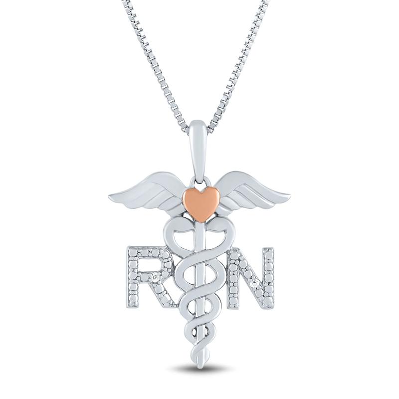 Diamond Accent Nurse Caduceus Pendant in Sterling Silver and 14K Rose Gold – Image 1 of 4