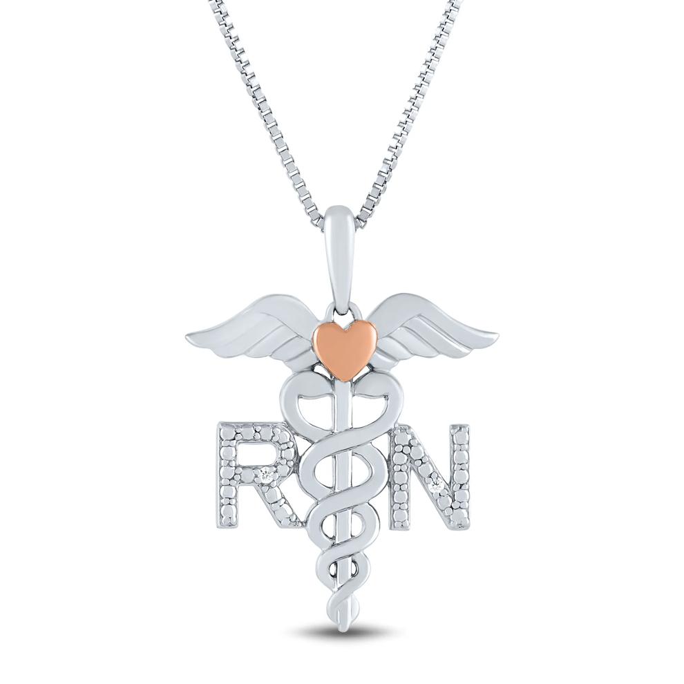 Diamond Accent Nurse Caduceus Pendant in Sterling Silver and 14K Rose Gold – Image 1 of 4