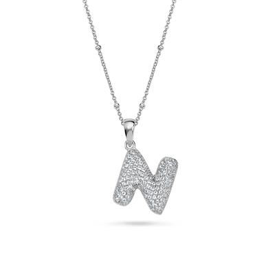 Lab-Created White Sapphire Pavé Bubble N Initial Pendant in Sterling Silver
