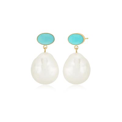 Turquoise & Baroque Freshwater Cultured Pearl Drop Earrings in 14K Yellow Gold
