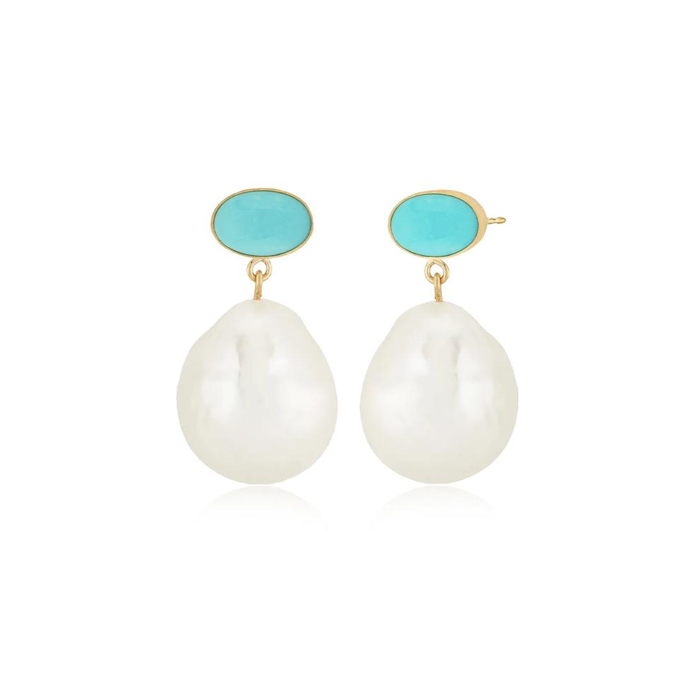 Turquoise &amp; Baroque Freshwater Cultured Pearl Drop Earrings in 14K Yellow Gold – Image 1 of 2
