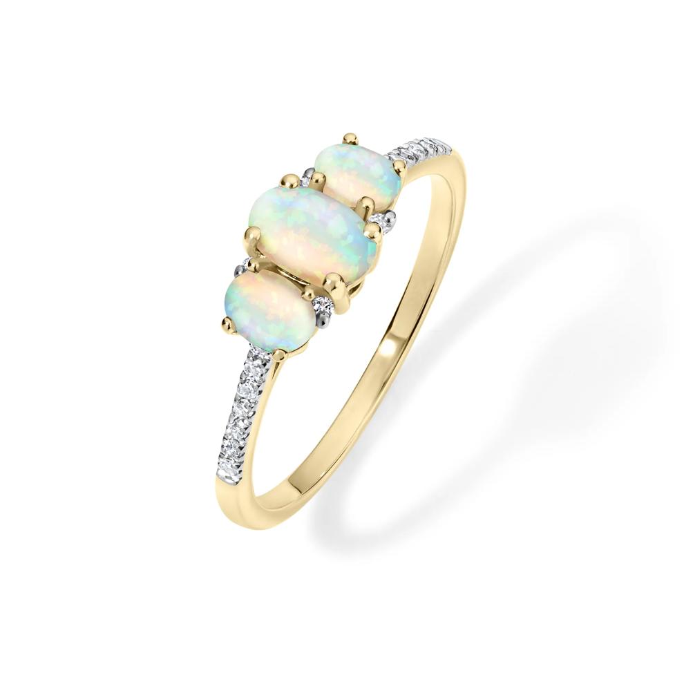 Opal &amp; Diamond Accent Oval Three-Stone Ring in 10K Yellow Gold – Image 4 of 4