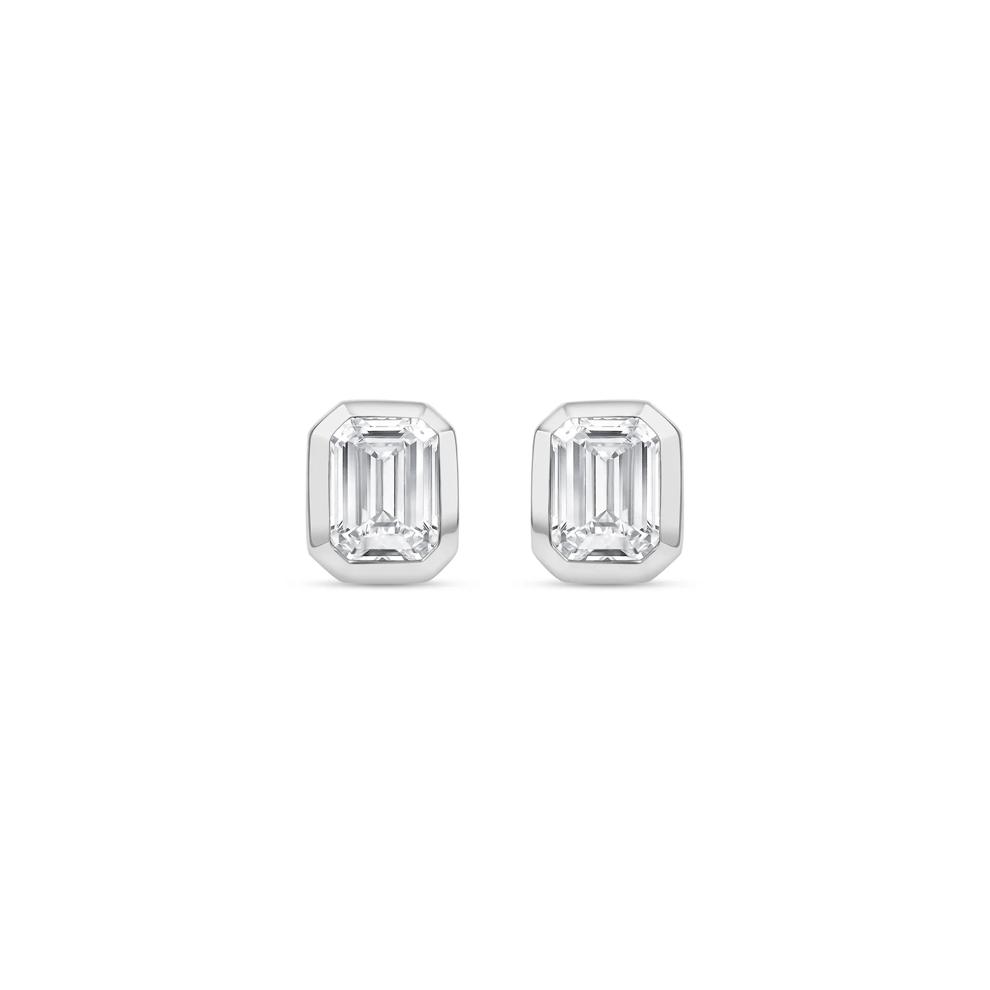 Lab Grown Diamond Emerald-Cut Bezel-Set Solitaire Stud Earrings in 14K White Gold (1/3 ct. tw.) – Image 2 of 3