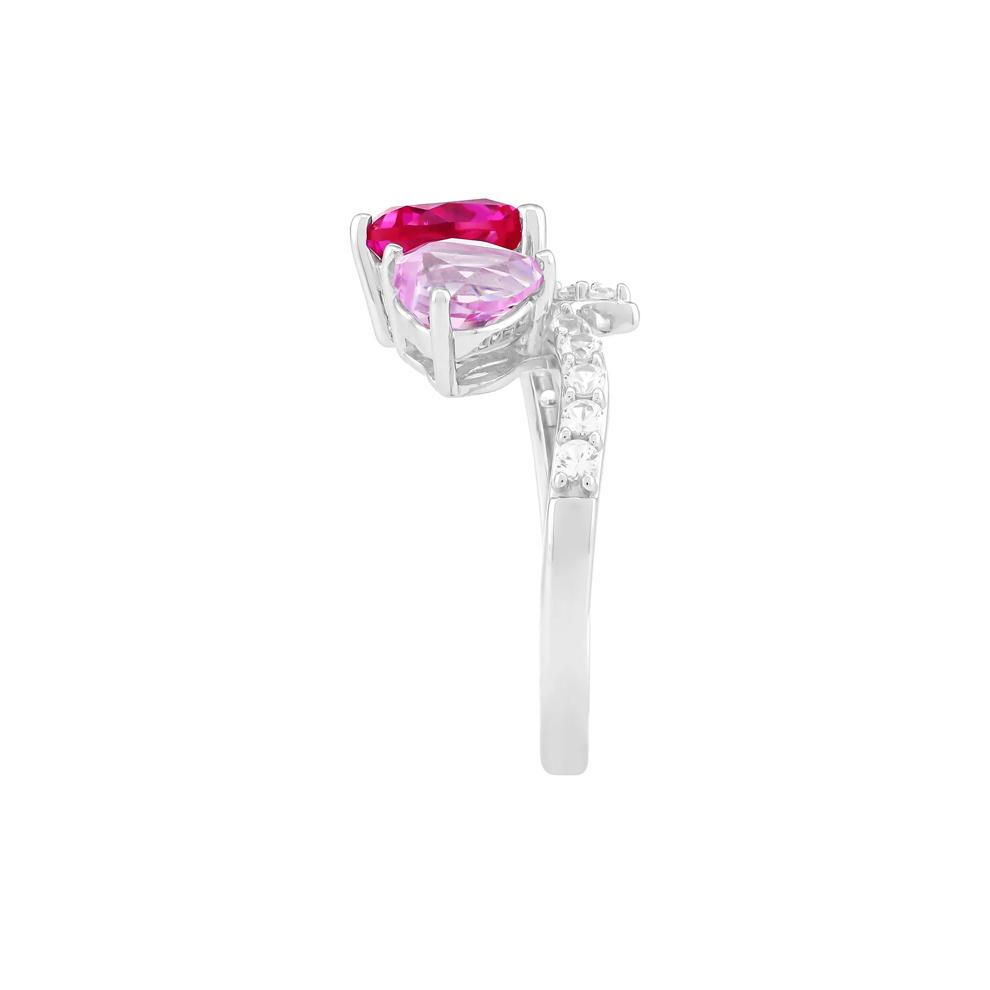 Lab-Created Pink Sapphire &amp; Lab-Created White Sapphire Toi et Moi Hearts Open-Front Ring in Sterling Silver – Image 3 of 3