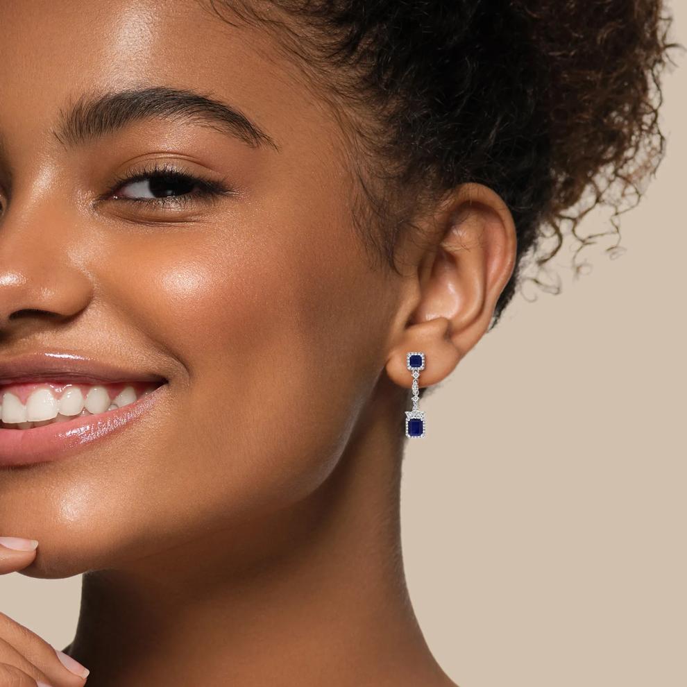 Blue Sapphire &amp; Diamond Drop Earrings in 14K White Gold (1 ct. tw.) – Image 3 of 4