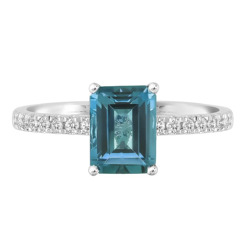 Emerald-Cut London Blue Topaz Ring with Diamond Side Stones in 14K White Gold (1/3 ct. tw.) – Image 1 of 3