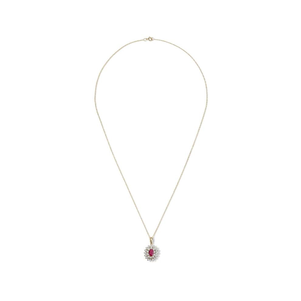 Oval Ruby &amp; Diamond Double Halo Pendant Necklace in 10K Yellow Gold (1/10 ct. tw.) – Image 3 of 4