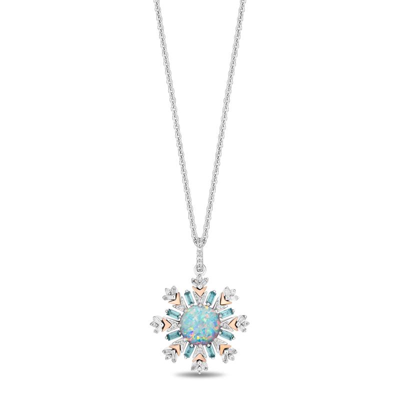 Elsa Snowflake Lab-Created Opal and Diamond Pendant in Sterling Silver and 10K Rose Gold &#40;1/5 ct. tw.&#41; – Image 1 of 3