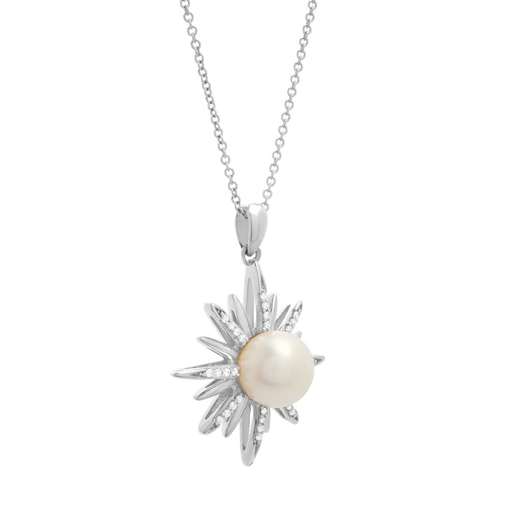 Freshwater Cultured Pearl &amp; Diamond Starburst Drop Pendant Necklace in Sterling Silver (1/10 ct. tw.) – Image 2 of 4