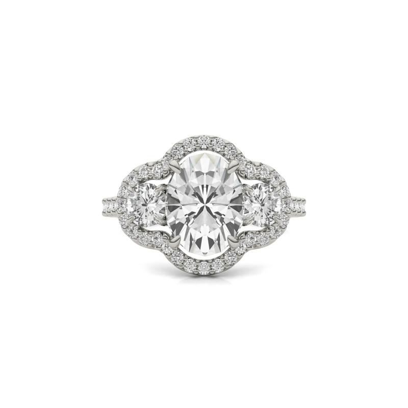 Oval Moissanite Three-Stone Ring with Halo in 14K White Gold – Image 1 of 5