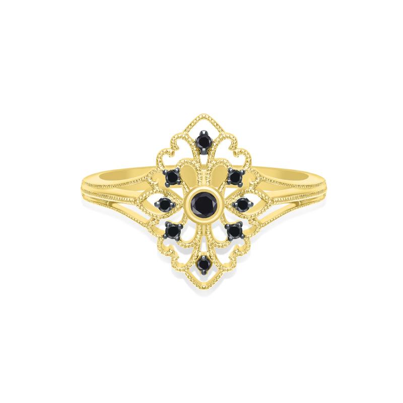 Vintage-Style Milgrain Black Diamond Ring in 10K Yellow Gold &#40;1/8 ct. tw.&#41; – Image 1 of 3