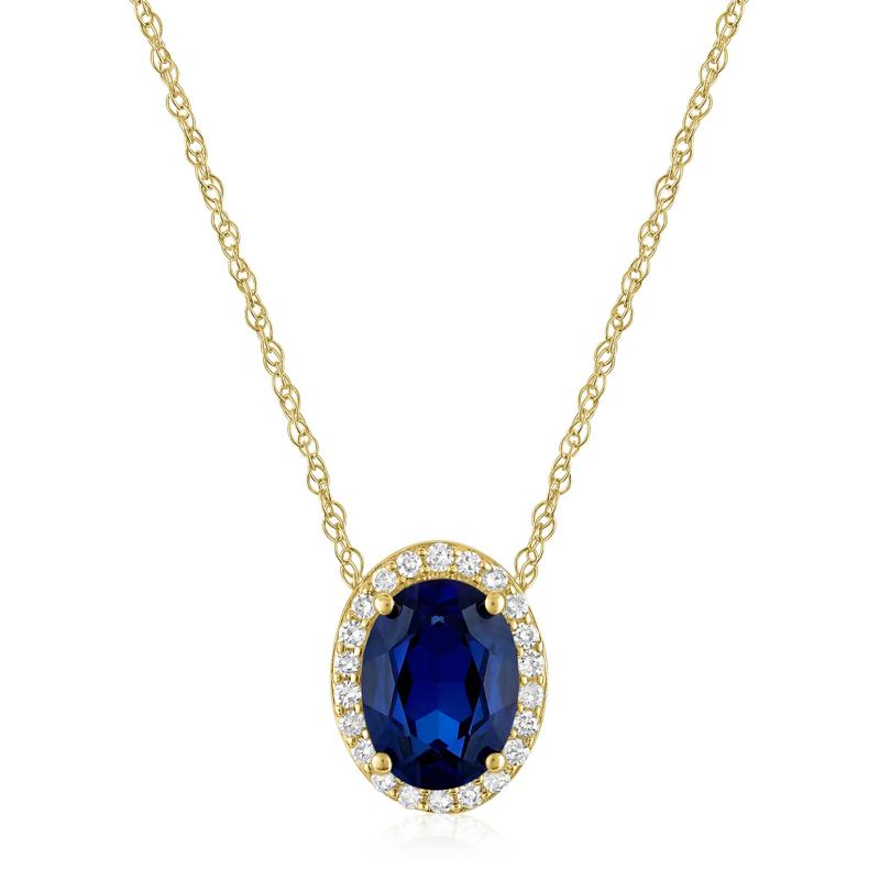 Oval Lab-Created Blue Sapphire and Diamond Accent Halo Pendant in 10K Yellow Gold – Image 1 of 3