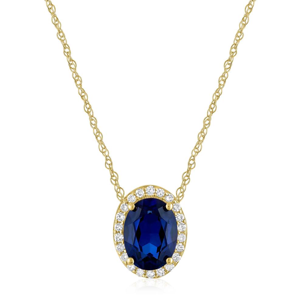 Oval Lab-Created Blue Sapphire and Diamond Accent Halo Pendant in 10K Yellow Gold – Image 1 of 3