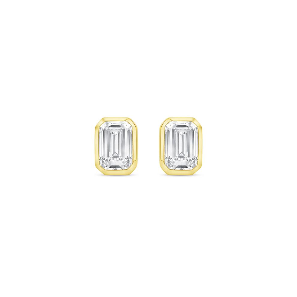 Lab Grown Diamond Emerald-Cut Bezel-Set Solitaire Stud Earrings in 14K Yellow Gold (1/2 ct. tw.) – Image 2 of 3