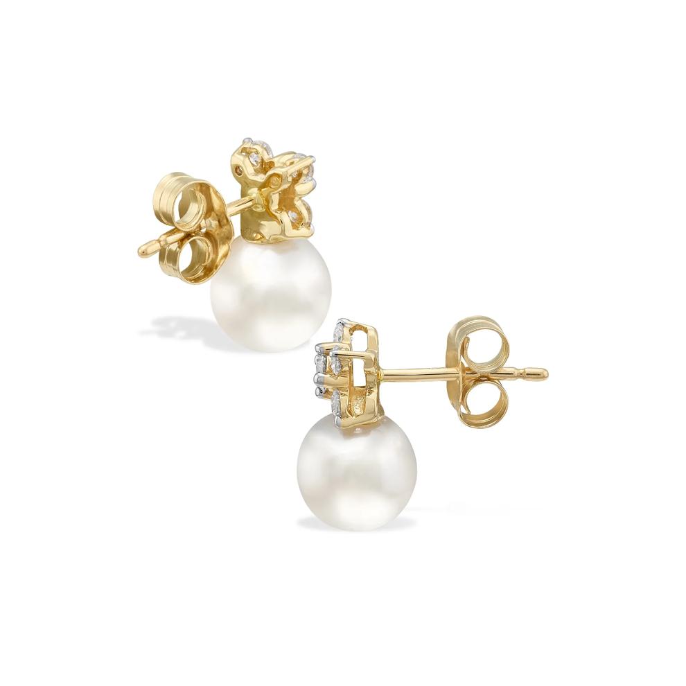 Diamond &amp; Pearl Stud Earrings in 10K Yellow Gold (1/4 ct. tw.) – Image 2 of 2