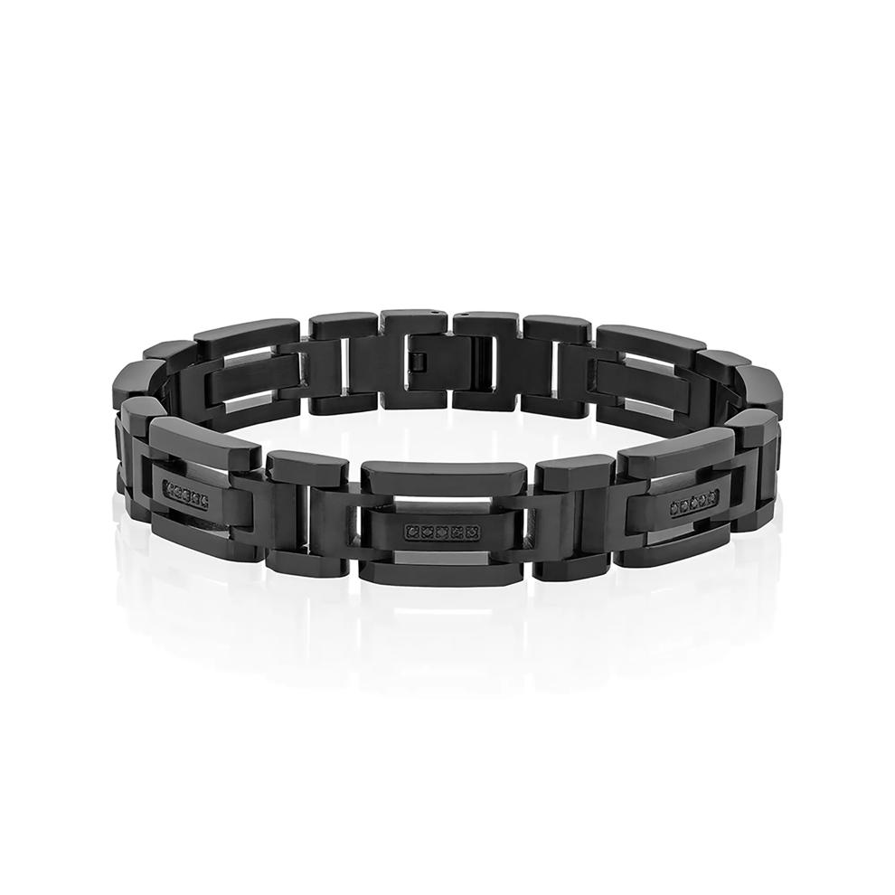 Men&rsquo;s Link Bracelet with Black Diamonds in Black Ion-Plated Stainless Steel (1/7 ct. tw.) – Image 1 of 2
