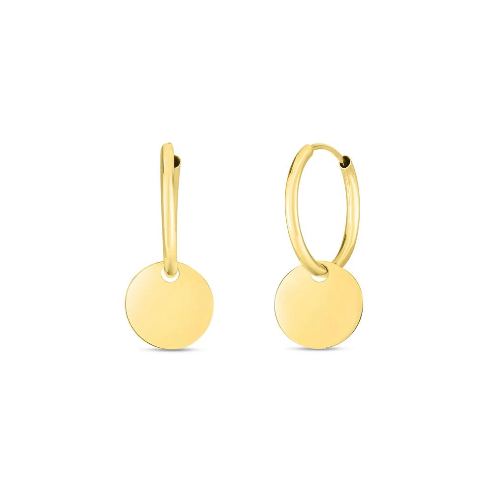 Round Disc Drop Hoop Earrings in 14K Yellow Gold – Image 1 of 3