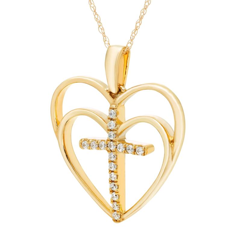 Diamond Heart Cross Pendant in 10K Yellow Gold &#40;1/10 ct. tw.&#41; – Image 2 of 3