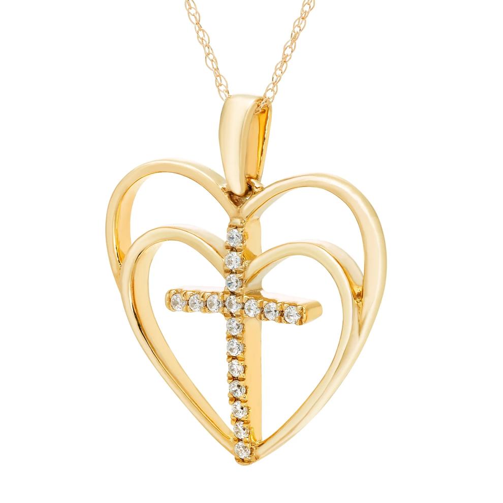 Diamond Heart Cross Pendant in 10K Yellow Gold (1/10 ct. tw.) – Image 2 of 3