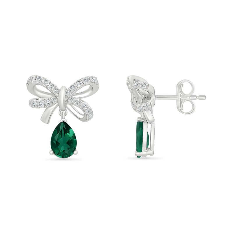 Lab-Created Emerald &amp; Lab-Created White Sapphire Bow Drop Earrings in Sterling Silver – Image 3 of 3
