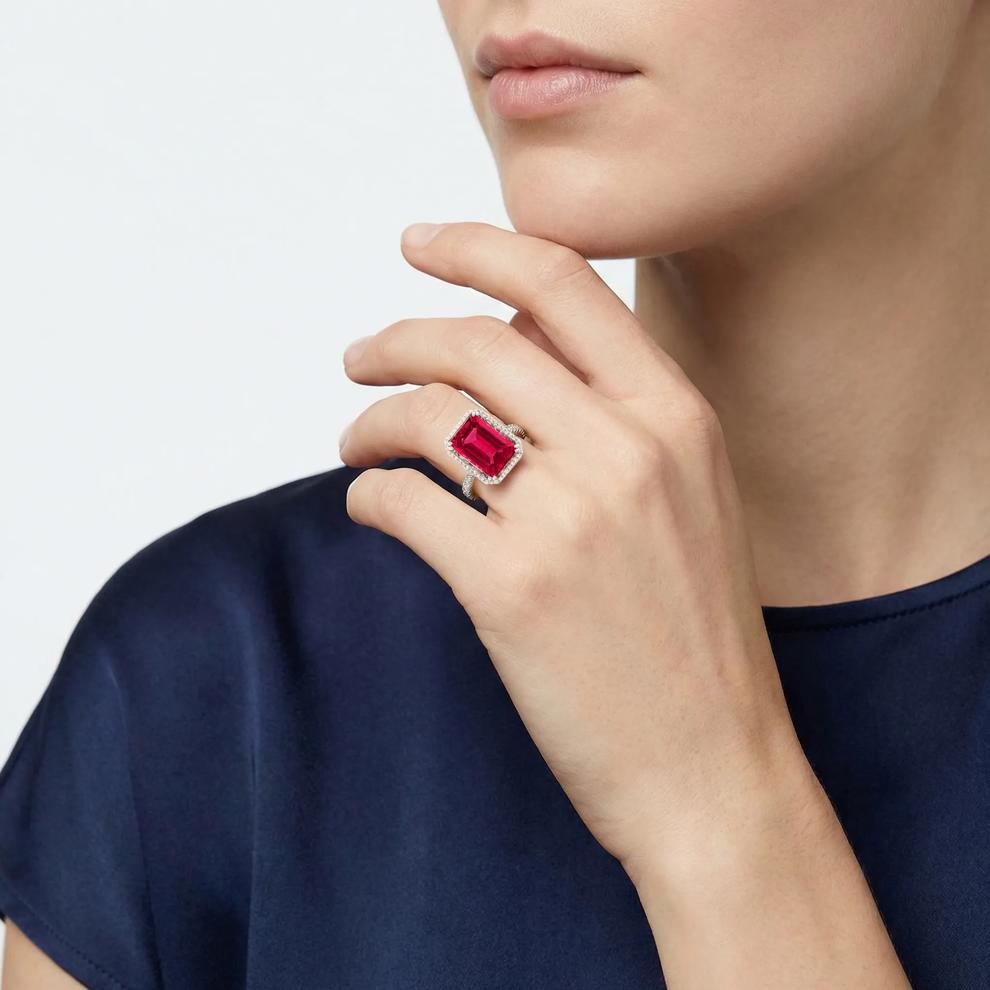 Lab-Created Ruby and Lab-Created White Sapphire Halo Cocktail Ring in Sterling Silver – Image 4 of 4