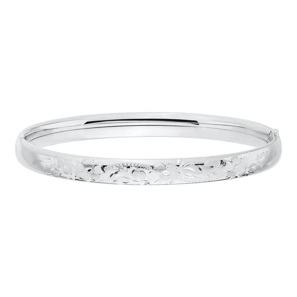 Engraved Floral Bangle Bracelet in Sterling Silver, 7" – Image 1 of 1