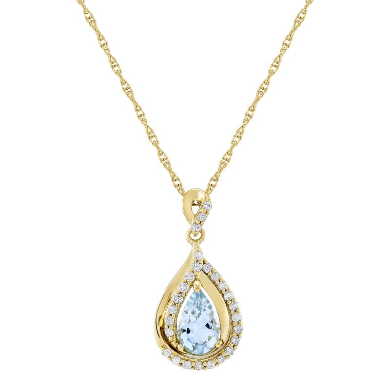Pear-Shaped Aquamarine &amp; Diamond Pendant in 10K Yellow Gold &#40;1/5 ct. tw.&#41; – Image 1 of 3
