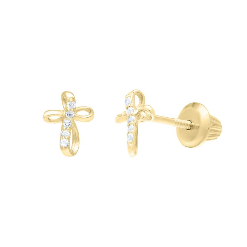 Children&#39;s White Topaz Cross Stud Earrings in 14K Yellow Gold – Image 1 of 1